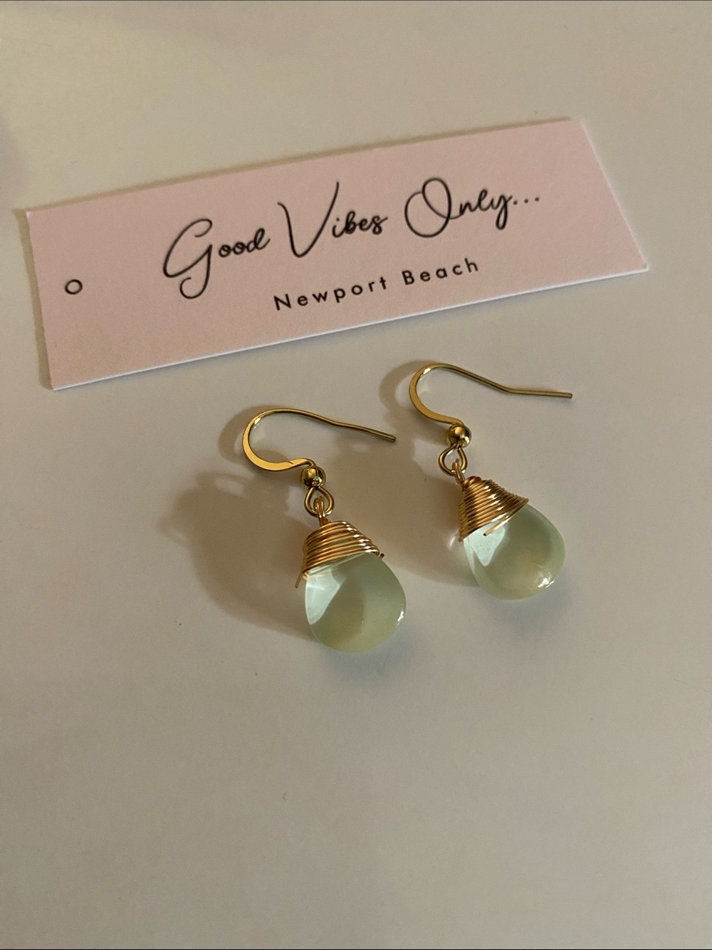 Gold-Wrapped Pale Green Teardrop Earrings